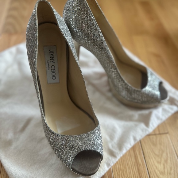 JIMMY CHOO GLITTER PEEP TOE PUMPS SZ 8.5 - Picture 13 of 16